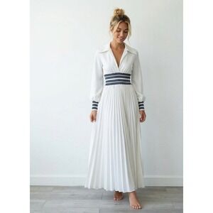 Vintage 70s Maxi Dress White Smocked Waist Pleated Spring Summer Resort Nautical